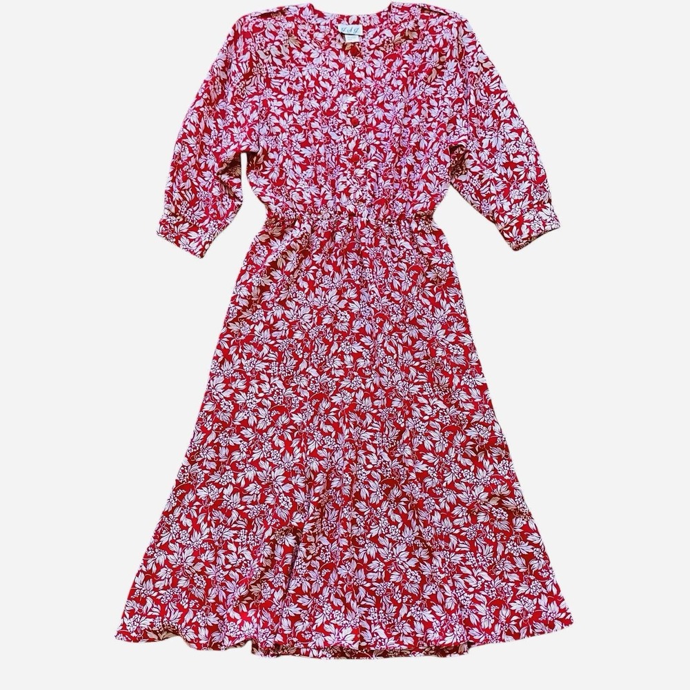 Vintage Midi Dress M Red Floral 3/4 Sleeve Romantic Modest Feminine Made USA